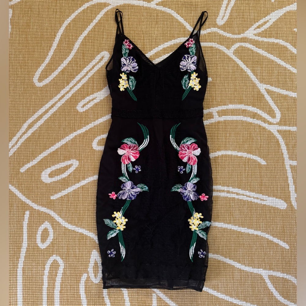 Guess Black Mesh Floral Embroidered Corset Dress